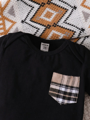 Baby Plaid Patched Pocket Bodysuit & Shorts