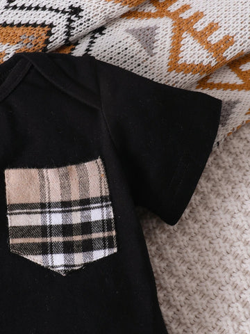 Baby Plaid Patched Pocket Bodysuit & Shorts