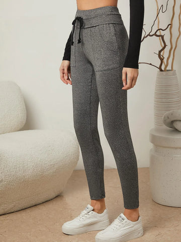 Drawstring Waist Patch Pocket Skinny Pants