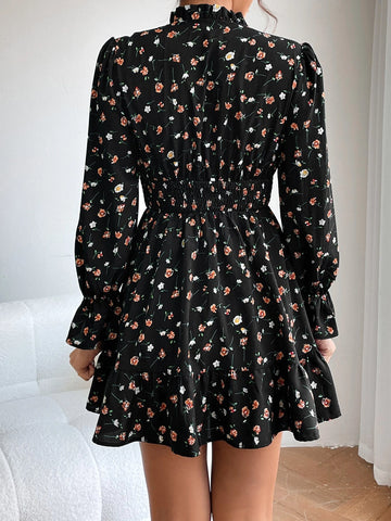 PETITE Ditsy Floral Print Flounce Sleeve Ruffle Hem Dress