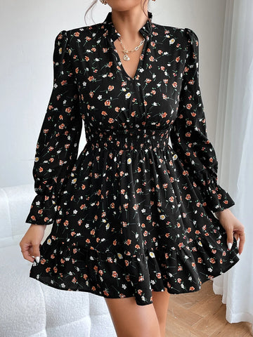 PETITE Ditsy Floral Print Flounce Sleeve Ruffle Hem Dress
