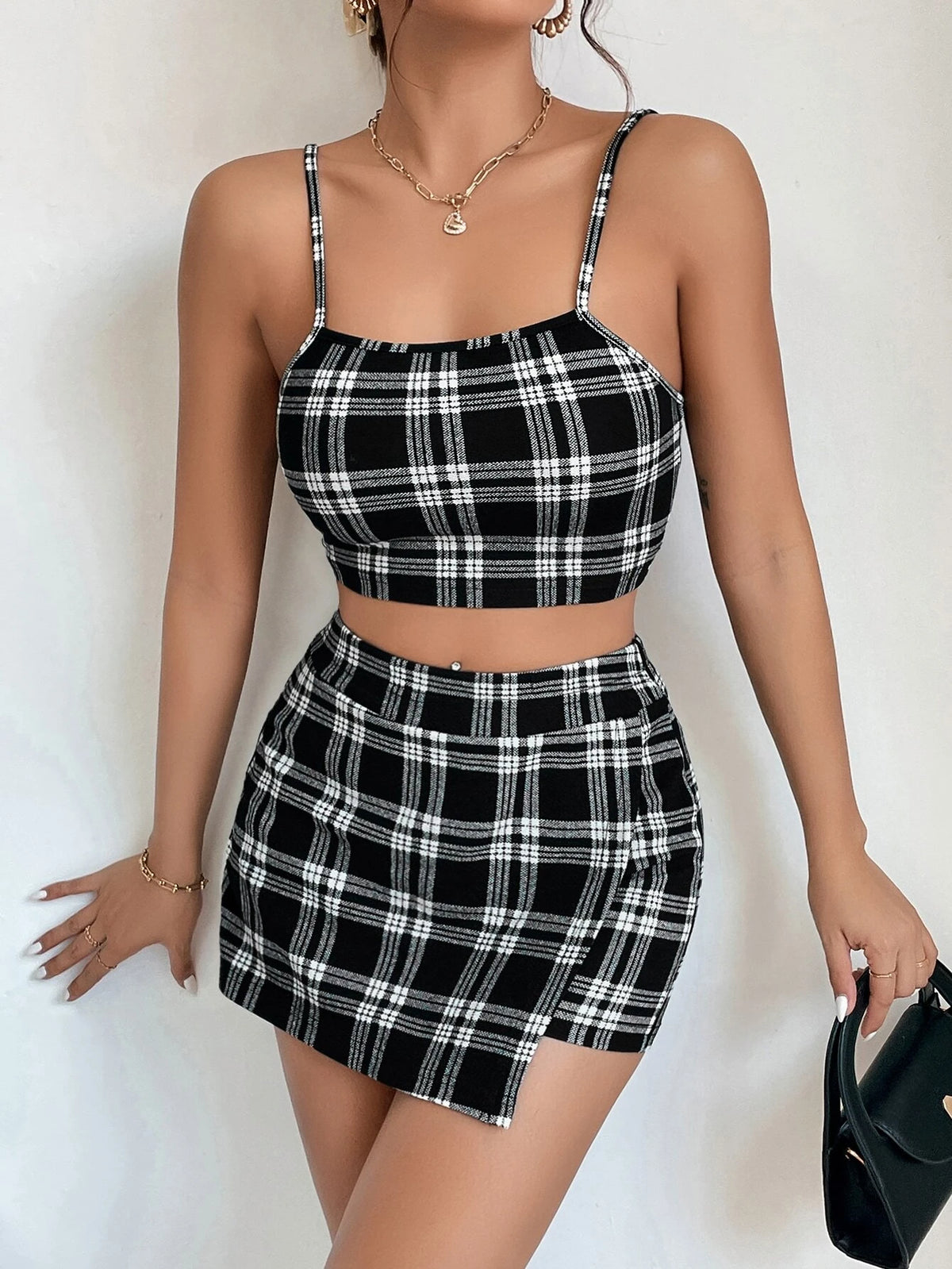 Plaid Print Cami Top & Wrap Hem Skort