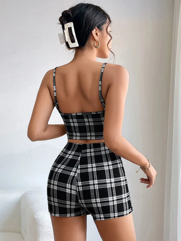 Plaid Print Cami Top & Wrap Hem Skort