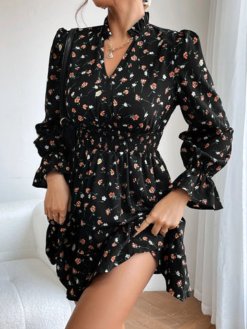 PETITE Ditsy Floral Print Flounce Sleeve Ruffle Hem Dress