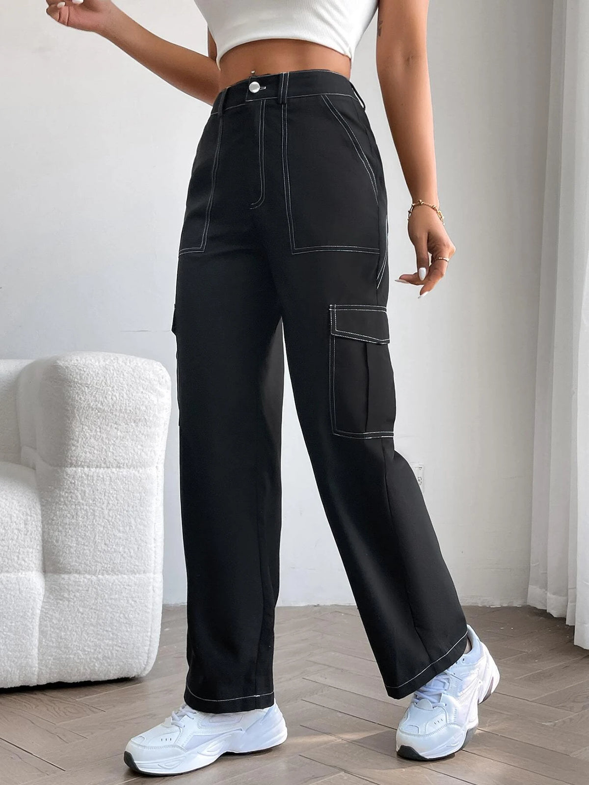 PETITE High Waist Top-stitching Flap Pocket Side Cargo Pants