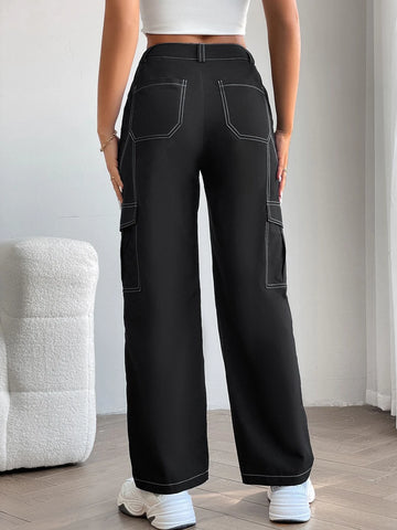 PETITE High Waist Top-stitching Flap Pocket Side Cargo Pants