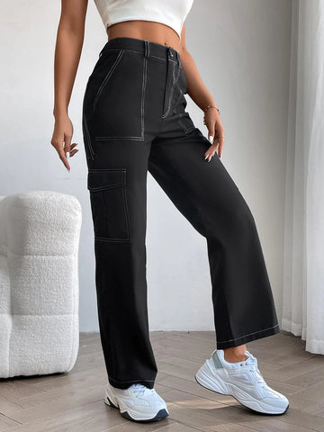 PETITE High Waist Top-stitching Flap Pocket Side Cargo Pants