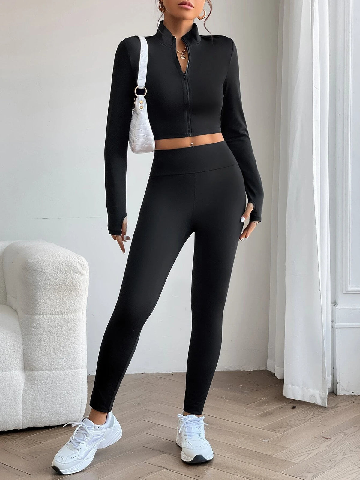 PETITE Zip Up Thumb Holes Crop Jacket & Leggings