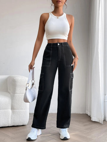 PETITE High Waist Top-stitching Flap Pocket Side Cargo Pants