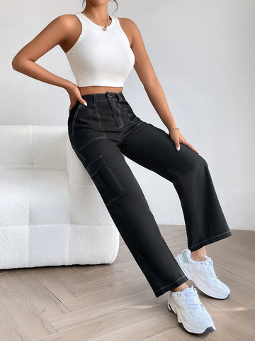 PETITE High Waist Top-stitching Flap Pocket Side Cargo Pants
