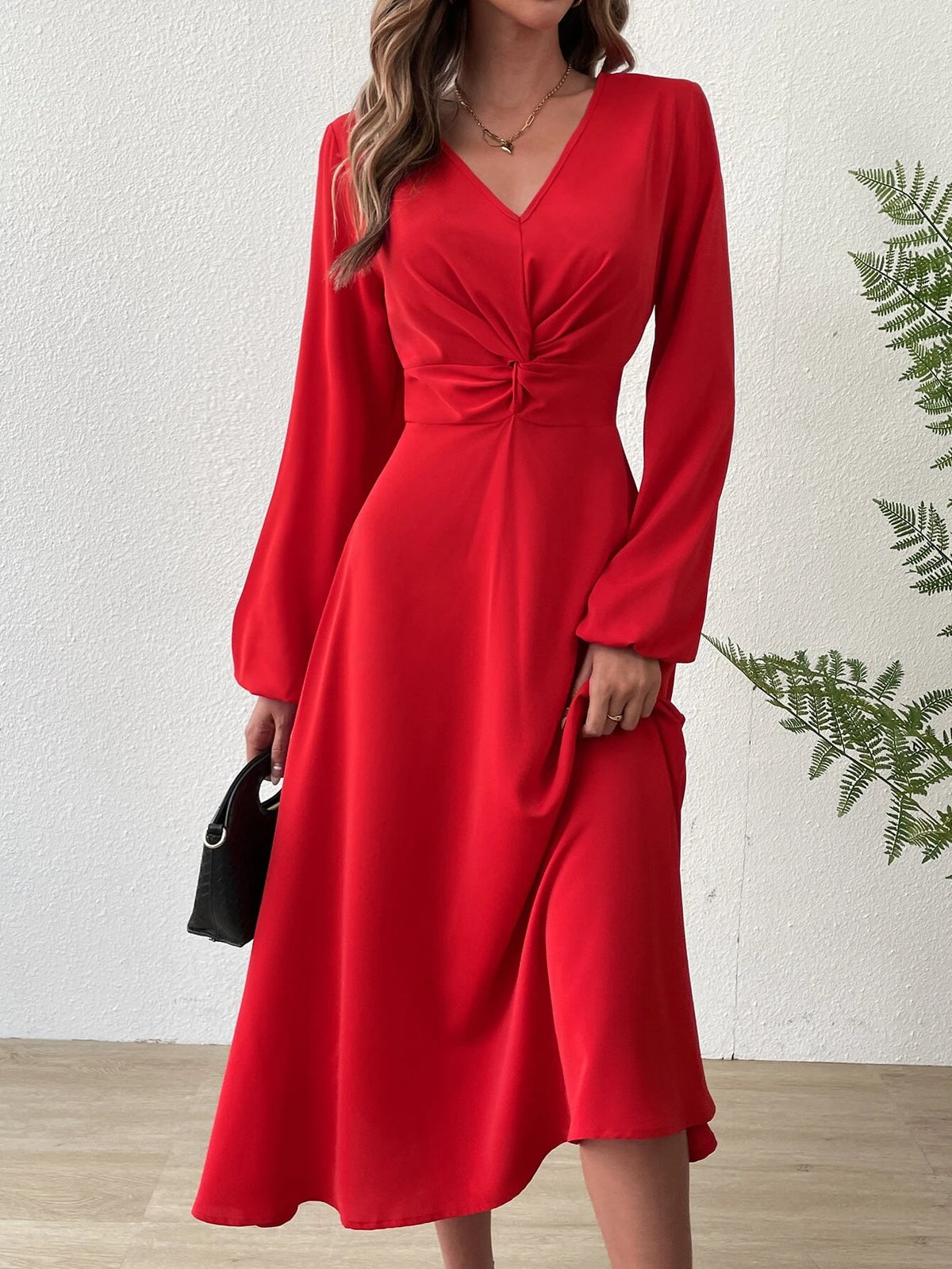 Twist Front Lantern Sleeve Dress