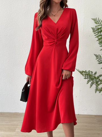 Twist Front Lantern Sleeve Dress