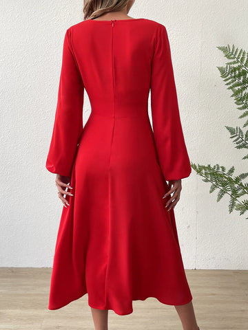 Twist Front Lantern Sleeve Dress