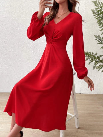 Twist Front Lantern Sleeve Dress