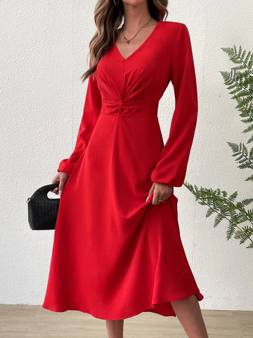 Twist Front Lantern Sleeve Dress