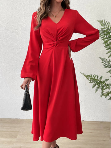 Twist Front Lantern Sleeve Dress