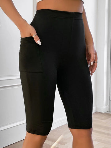 Solid Pocket Patched Biker Shorts