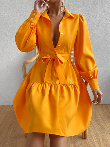 Lantern Sleeve Ruffle Hem Belted Shirt Dress