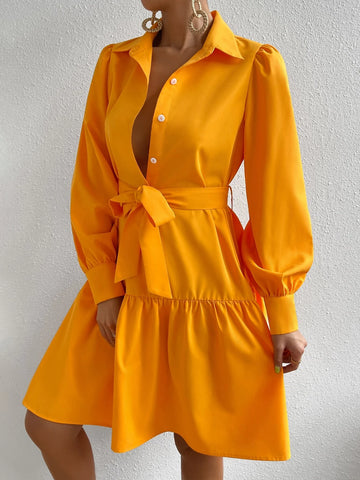 Lantern Sleeve Ruffle Hem Belted Shirt Dress
