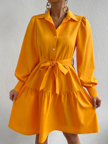 Lantern Sleeve Ruffle Hem Belted Shirt Dress