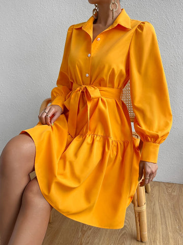 Lantern Sleeve Ruffle Hem Belted Shirt Dress