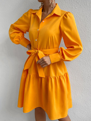 Lantern Sleeve Ruffle Hem Belted Shirt Dress