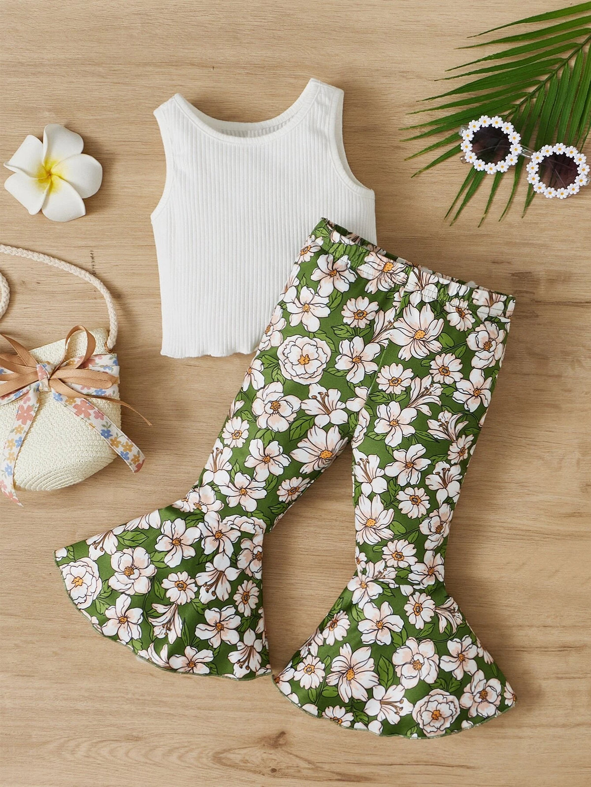 Baby Ribbed Knit Tank Top & Floral Print Flare Leg Pants