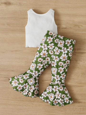 Baby Ribbed Knit Tank Top & Floral Print Flare Leg Pants