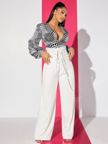 SXY Polka Dot Print Deep V Neck Lantern Sleeve Crop Satin Blouse