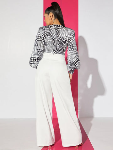 SXY Polka Dot Print Deep V Neck Lantern Sleeve Crop Satin Blouse