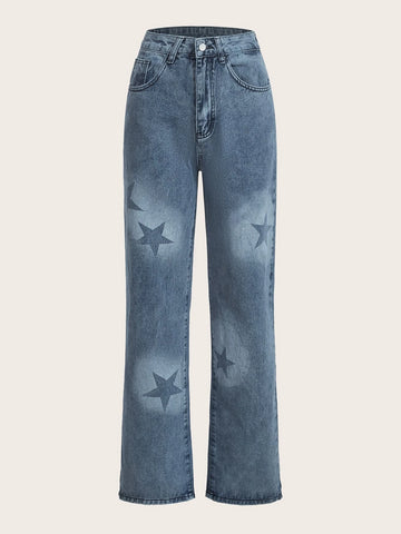 ROMWE Grunge Punk Star Print Straight Leg Jeans