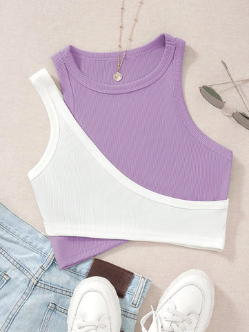 Two Tone Cut Out Crop Tank Top