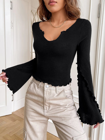 Notched Neck Lettuce Trim Trumpet Sleeve Tee