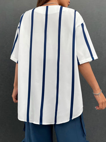 Letter Graphic Striped Drop Shoulder Blouse