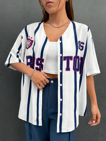 Letter Graphic Striped Drop Shoulder Blouse