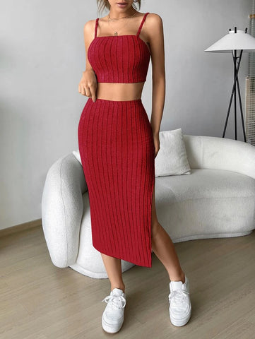 Solid Cami Top & Split Thigh Skirt