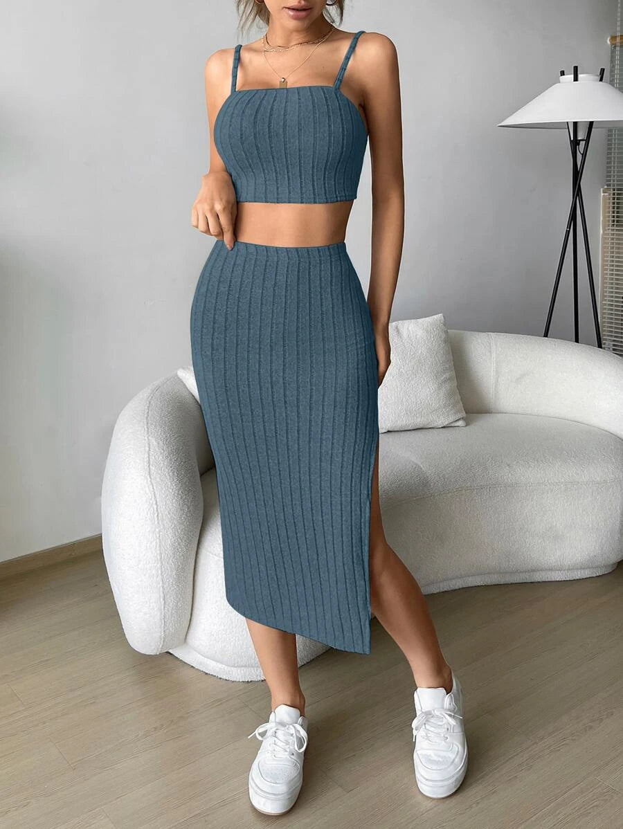 Solid Cami Top & Split Thigh Skirt