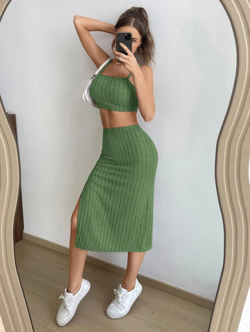 Solid Cami Top & Split Thigh Skirt