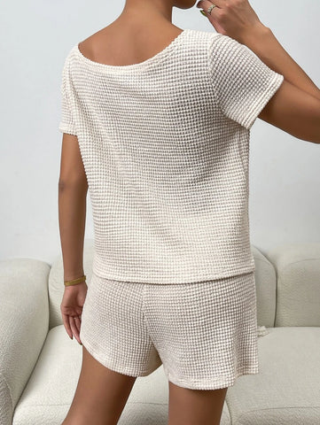 Solid Waffle Knit Tee & Drawstring Waist Shorts