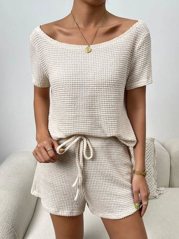 Solid Waffle Knit Tee & Drawstring Waist Shorts