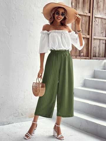 VCAY Off Shoulder Frill Trim Blouse & Paperbag Waist Pants
