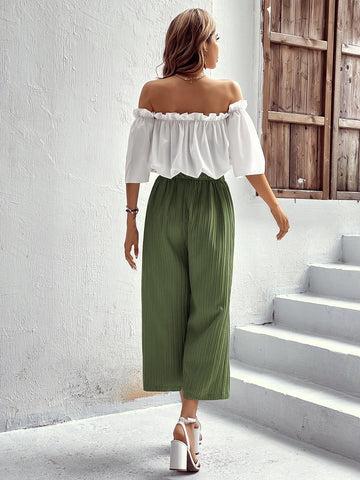 VCAY Off Shoulder Frill Trim Blouse & Paperbag Waist Pants
