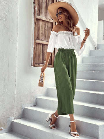 VCAY Off Shoulder Frill Trim Blouse & Paperbag Waist Pants