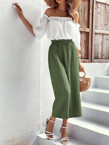 VCAY Off Shoulder Frill Trim Blouse & Paperbag Waist Pants