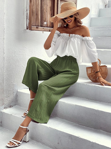 VCAY Off Shoulder Frill Trim Blouse & Paperbag Waist Pants