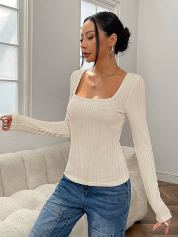 Square Neck Ribbed Knit Tee