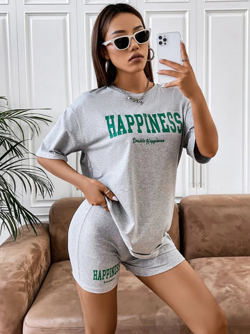 Letter Graphic Drop Shoulder Tee & Biker Shorts Set