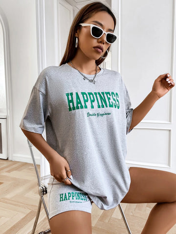 Letter Graphic Drop Shoulder Tee & Biker Shorts Set