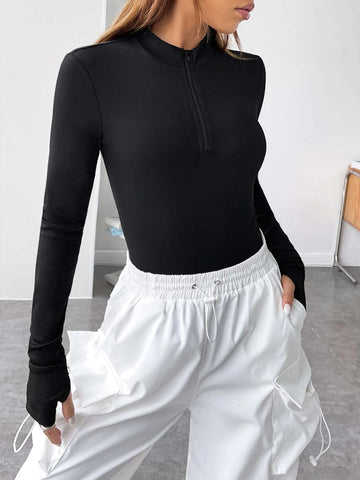 Half Zip Thumbholes Slim Fit Tee Bodysuit