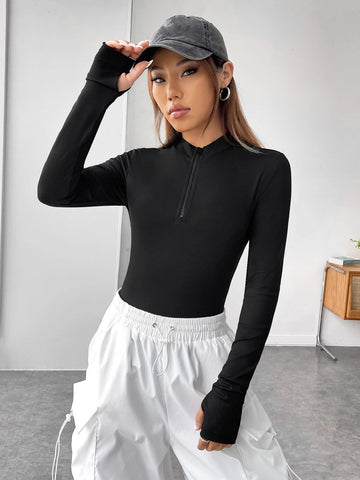 Half Zip Thumbholes Slim Fit Tee Bodysuit